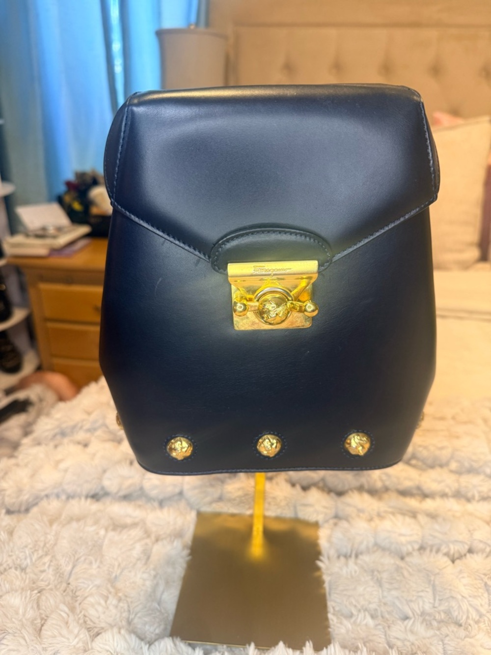 Salvatore Ferragamo Gancini Black Leather Gold Studded Mini Backpack